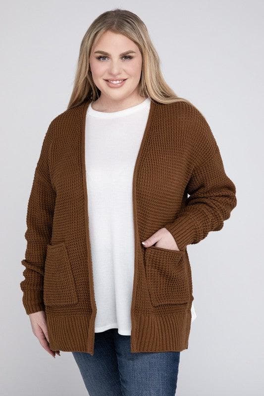 ZENANA Plus Low Gauge Waffle Open Cardigan Sweater - SwagglyLife Home & Fashion