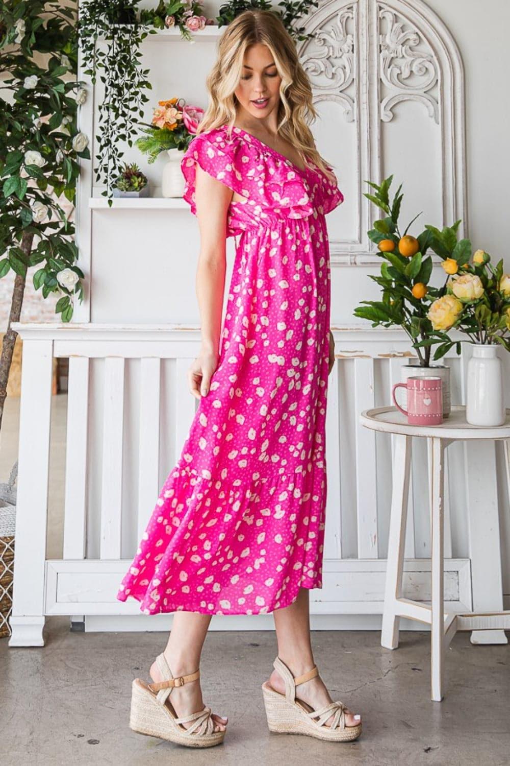 Reborn J Printed V-Neck Ruffle Trim Tiered Midi Dress - SwagglyLife Home & Fashion
