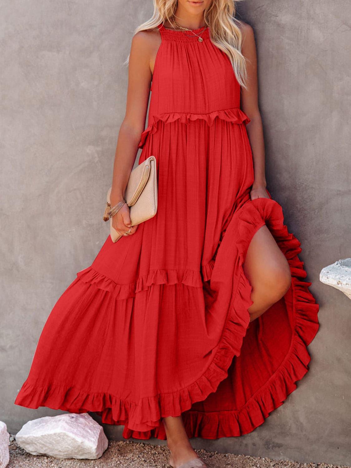 Twirl for Me Ruffled Sleeveless Maxi Dress with Pockets - SwagglyLife Home & Fashion