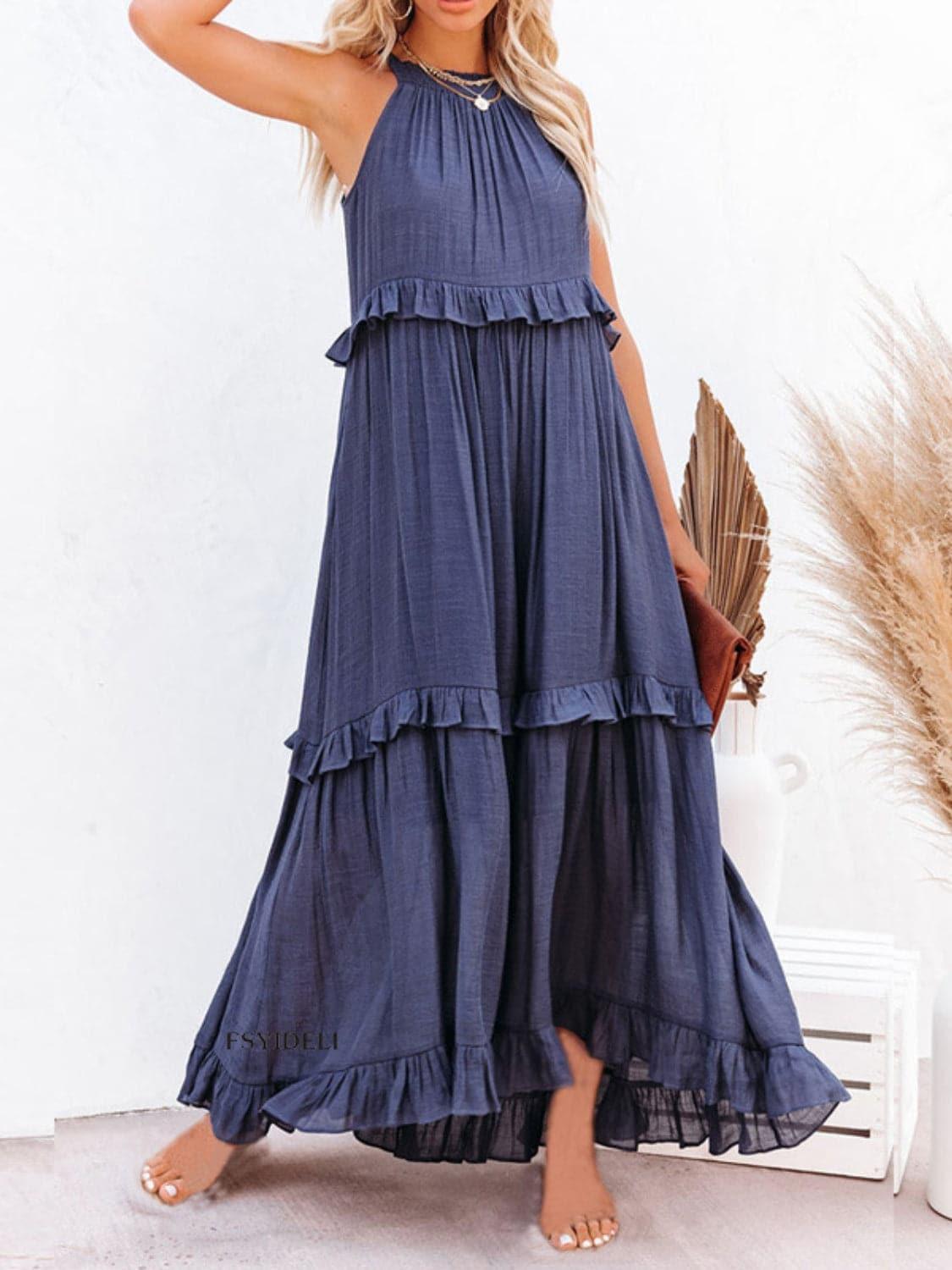 Twirl for Me Ruffled Sleeveless Maxi Dress with Pockets - SwagglyLife Home & Fashion