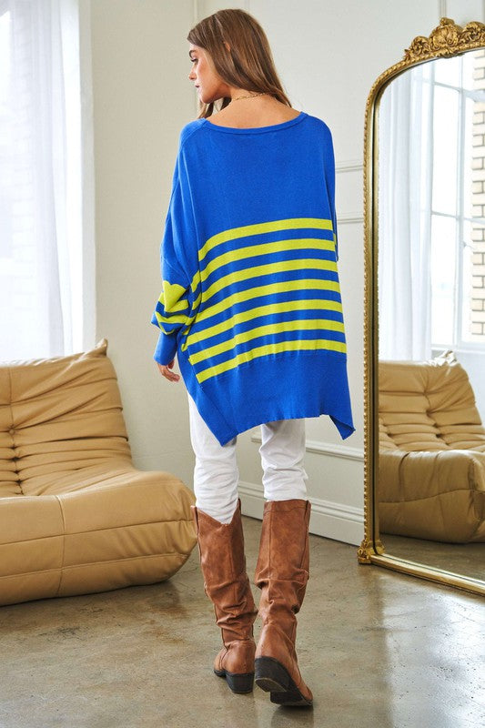 Multi Striped Elbow Patch Loose Fit Sweater Top