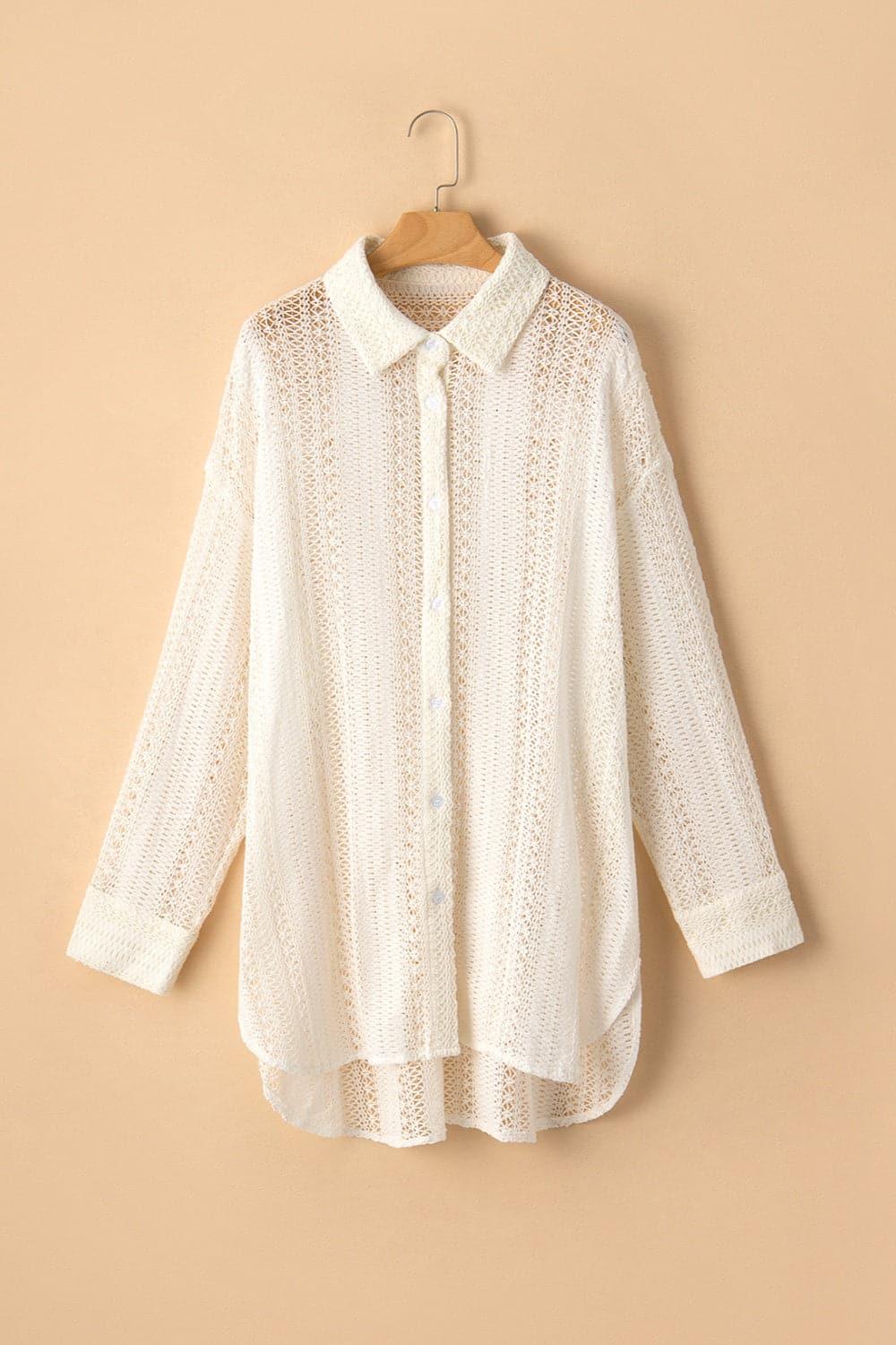 Angie Openwork Collared Neck Long Sleeve Shirt