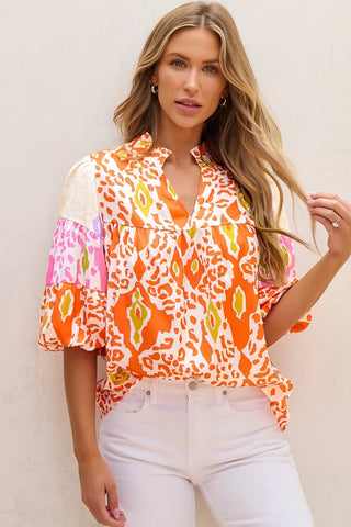 Annabelle Printed Notched Half Sleeve Blouse