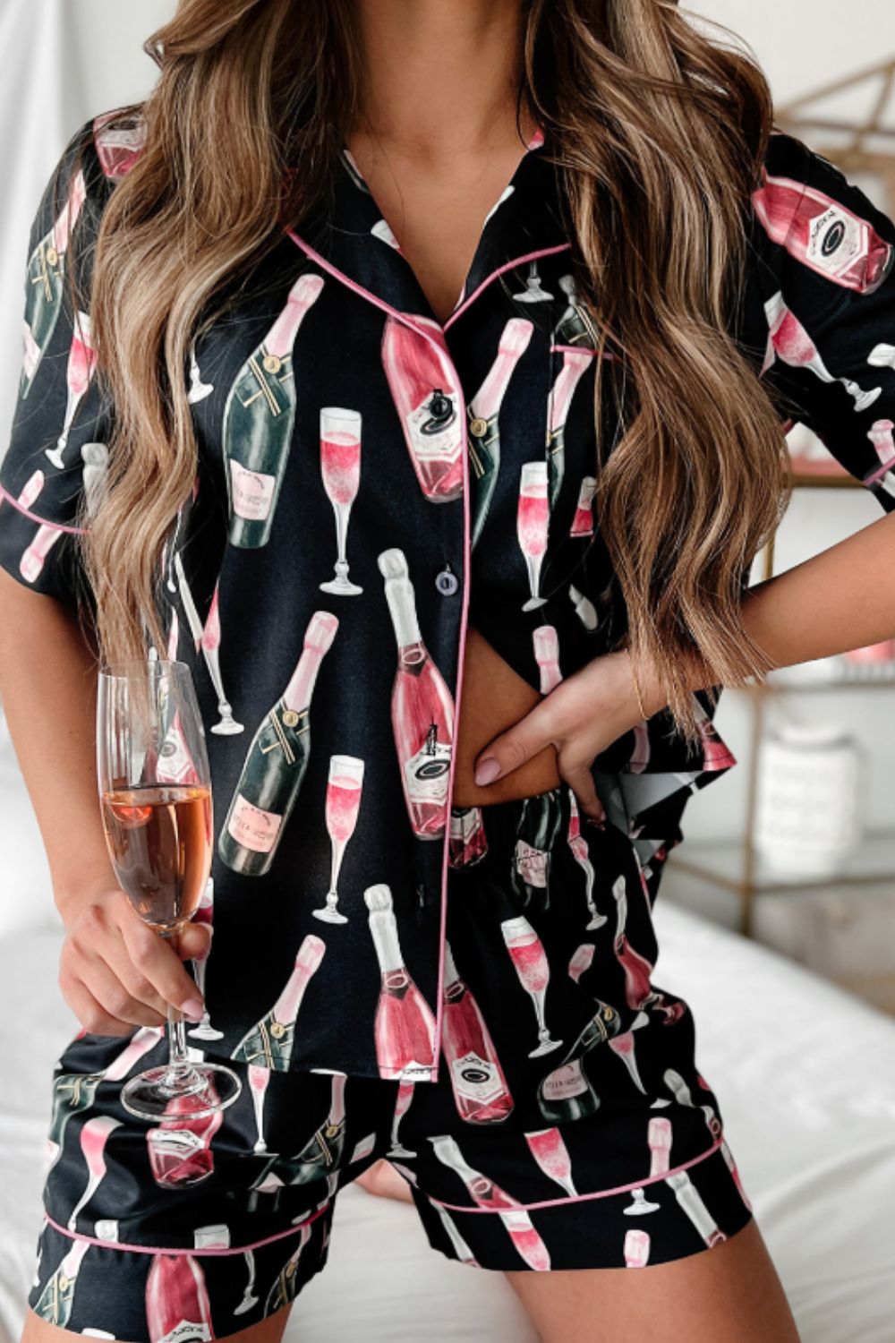 Champagne Print Short Sleeve Top and Shorts Sleepwear Set