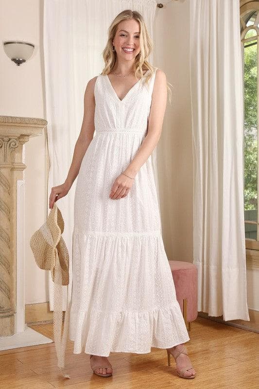 Lilou Embroidered White V Neckline Tiered Dress - SwagglyLife Home & Fashion