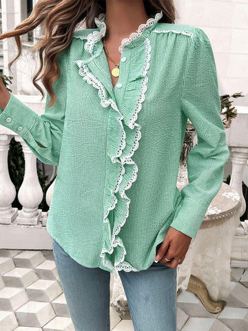 Dakota Lace Detail Ruffled Round Neck Long Sleeve Shirt