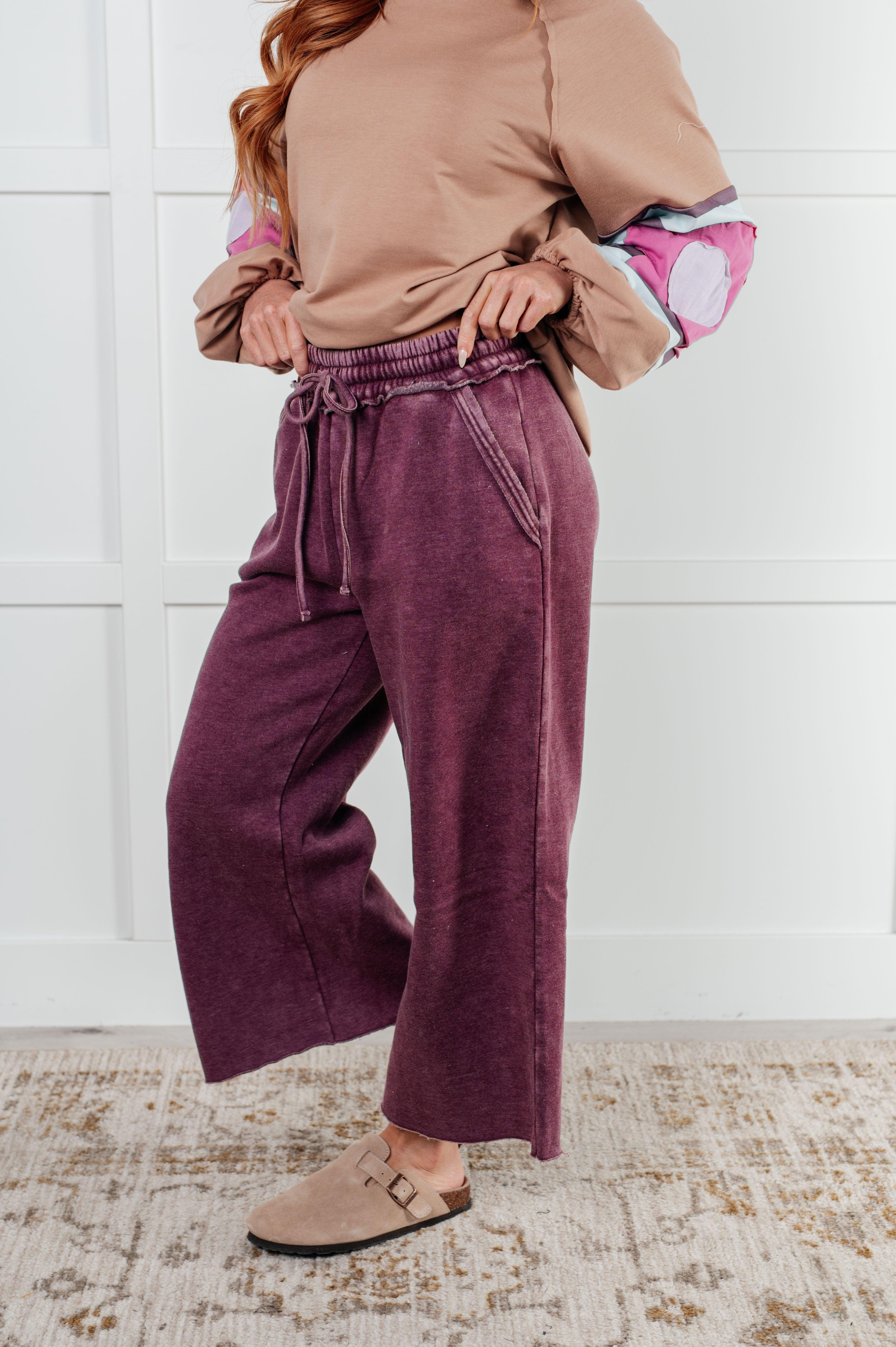 Zenana In or Out Wide Leg Cropped Pants in Eggplant