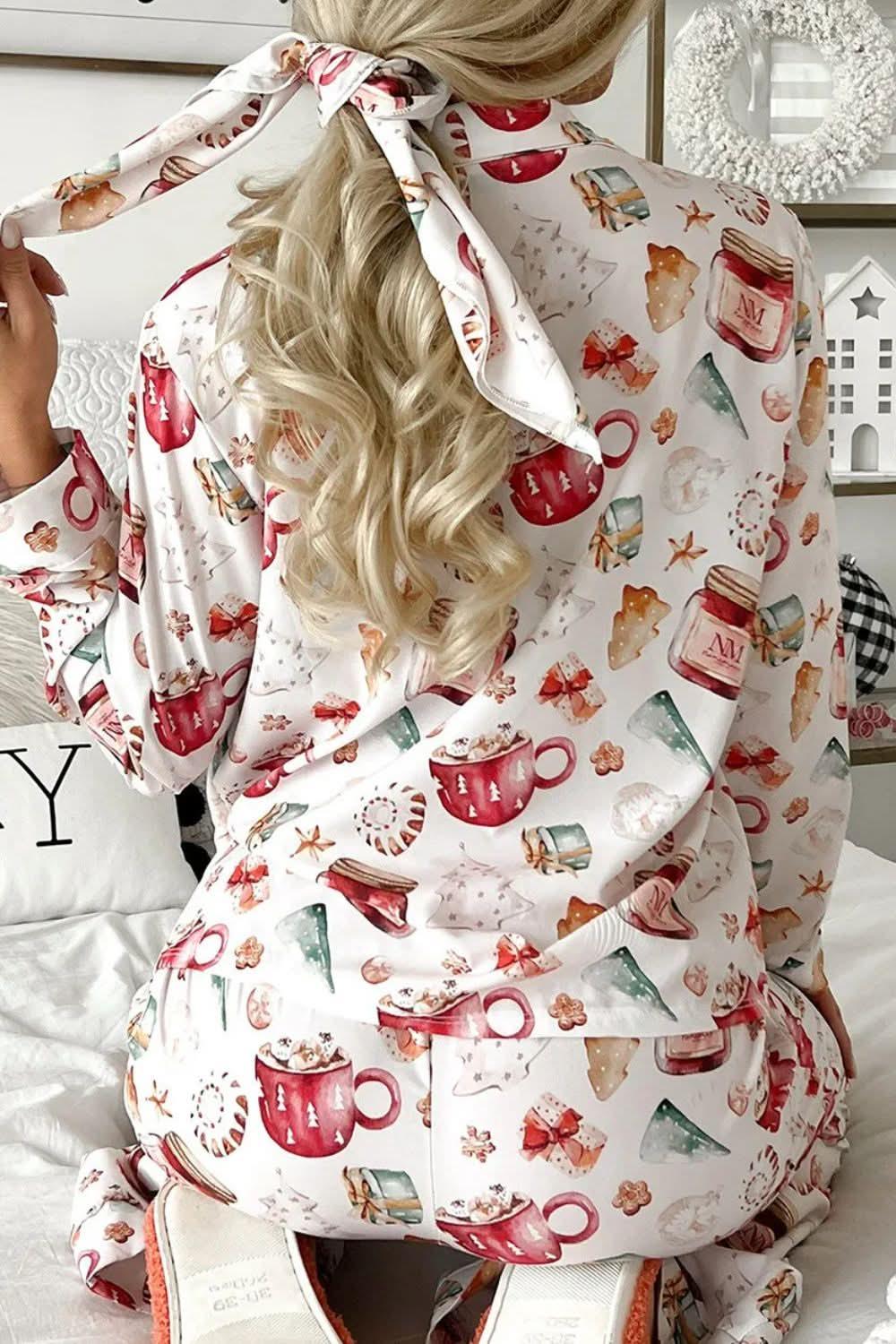 Cozy Printed Collared Neck Top and Pants Lounge Set