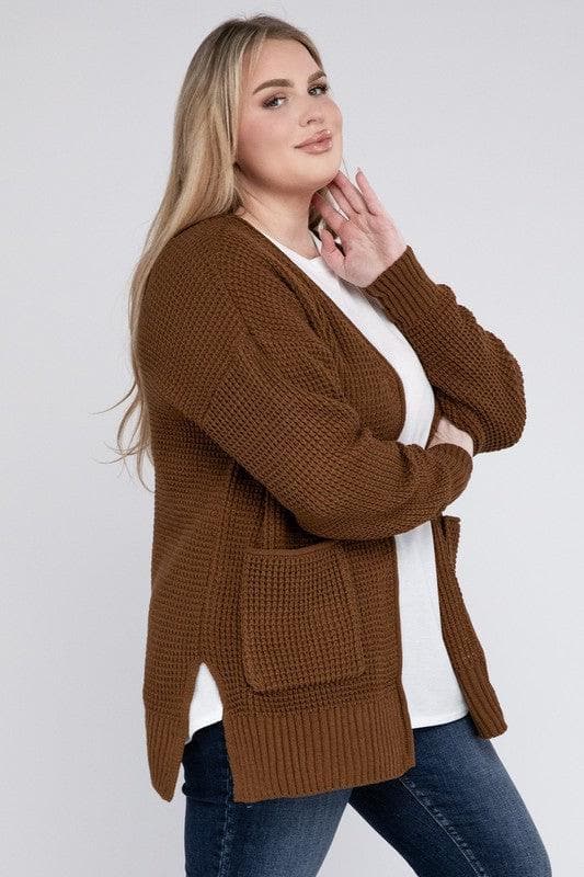 ZENANA Plus Low Gauge Waffle Open Cardigan Sweater - SwagglyLife Home & Fashion