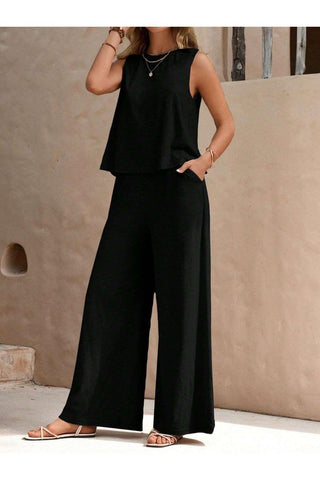 Camille Round Neck Sleeveless Top and Wide Leg Pants Set