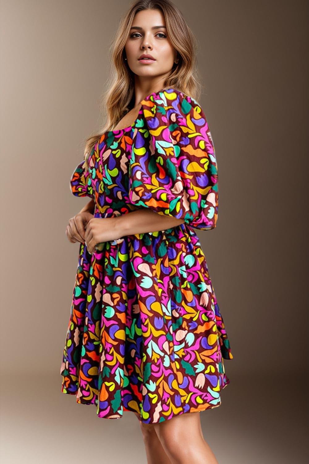 Plus Size Printed Square Neck Half Sleeve Dress - SwagglyLife Home & Fashion
