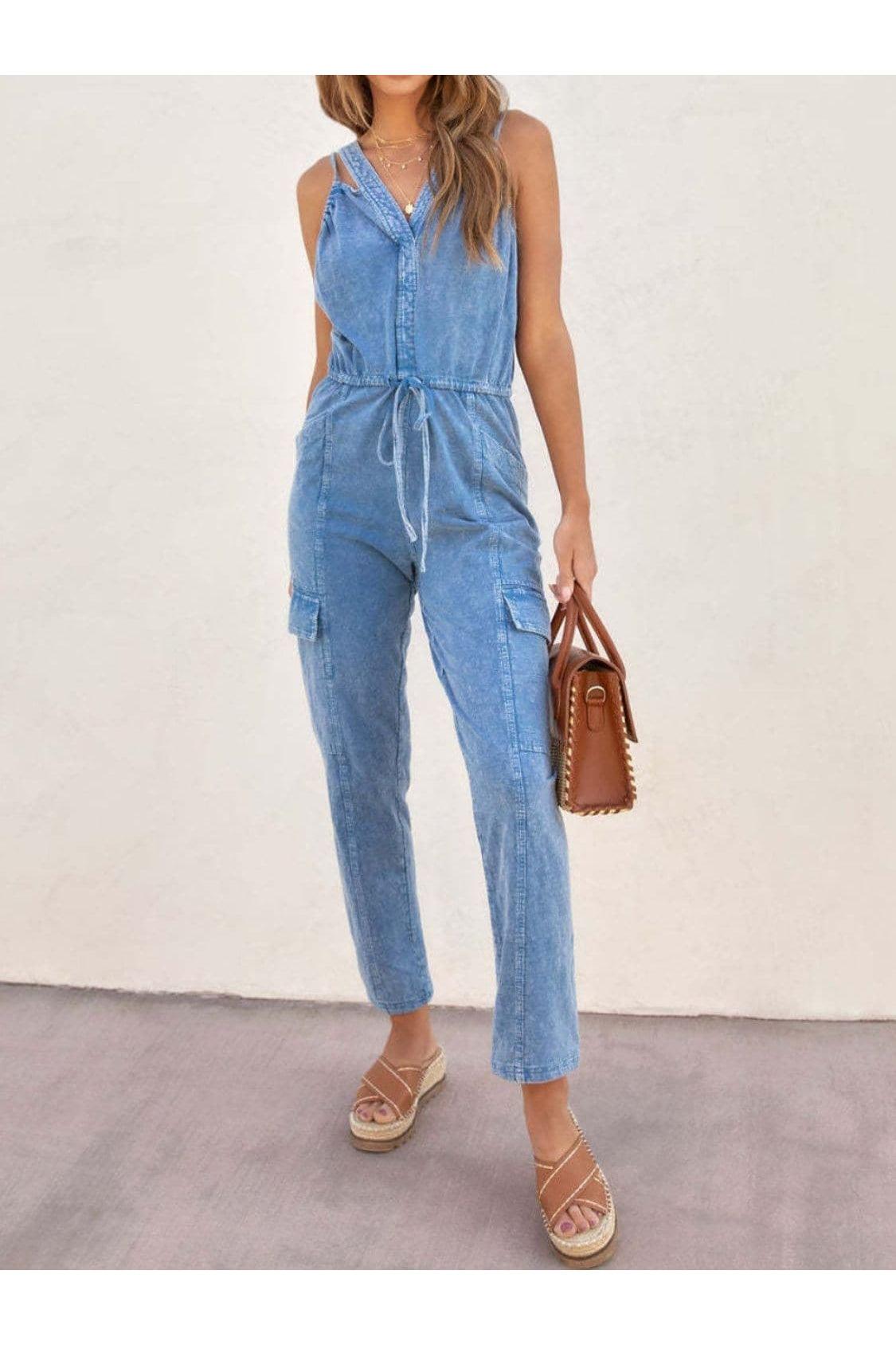 Daisy V-Neck Sleeveless Denim Jumpsuit