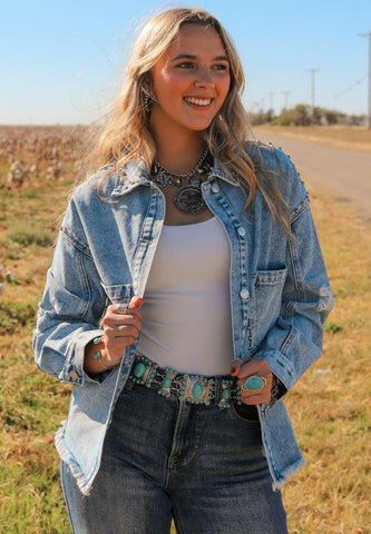 Studded Acid Wash Long Sleeve Denim Jacket