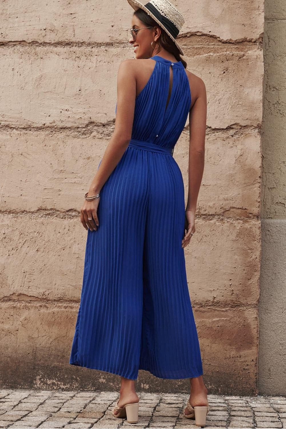 Accordion Pleated Belted Grecian Neck Sleeveless Jumpsuit - SwagglyLife Home & Fashion