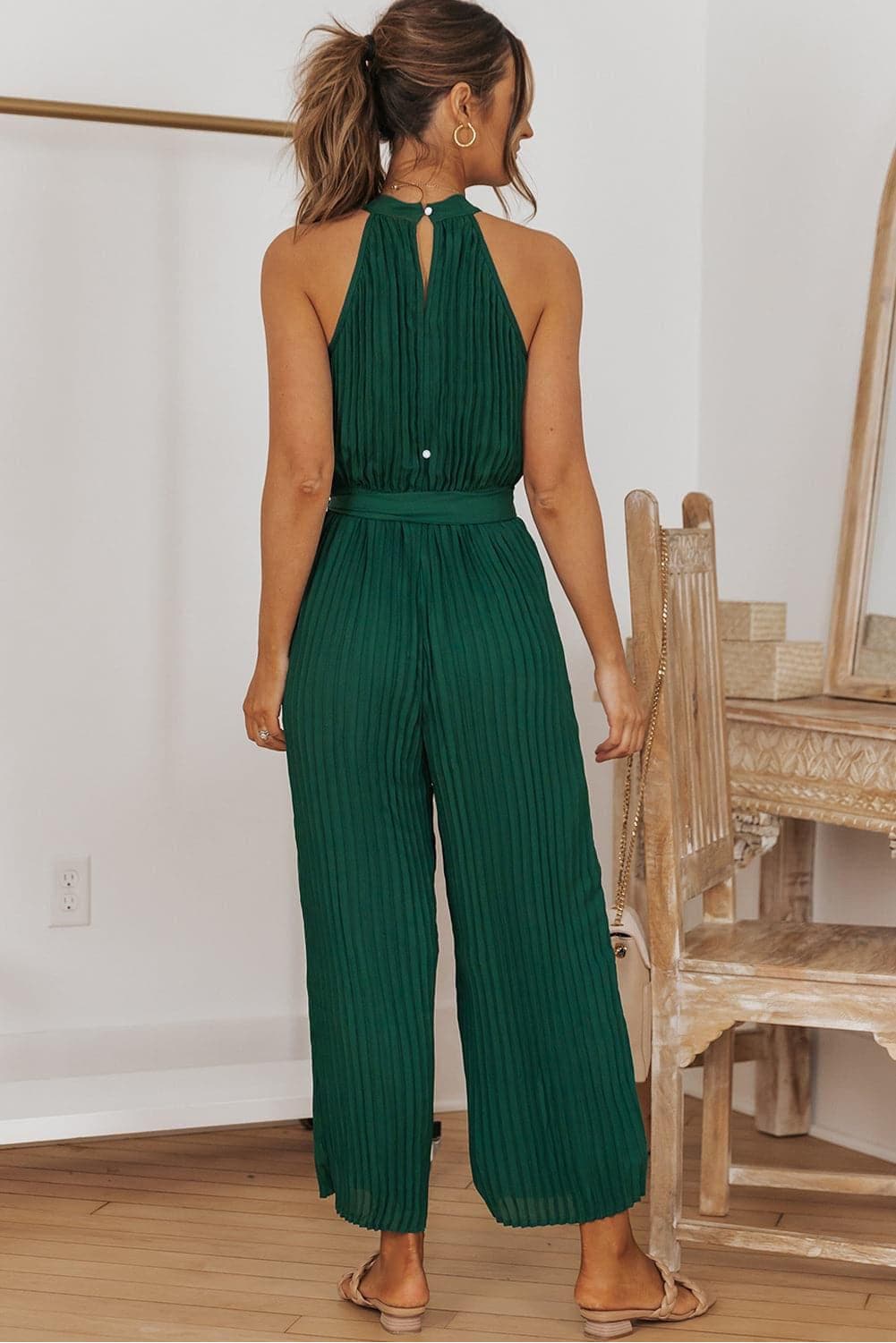 Accordion Pleated Belted Grecian Neck Sleeveless Jumpsuit - SwagglyLife Home & Fashion