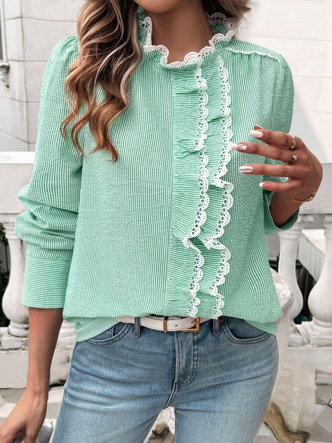 Dakota Lace Detail Ruffled Round Neck Long Sleeve Shirt