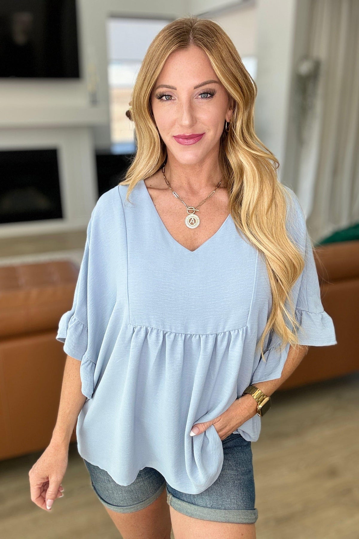 Airflow Peplum Ruffle Sleeve Top in Chambray - SwagglyLife Home & Fashion