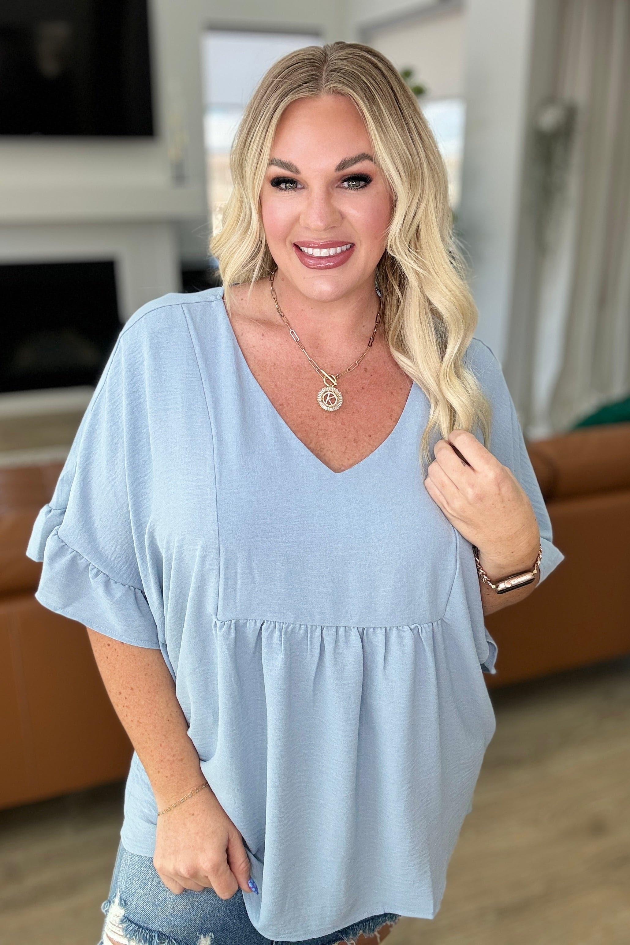Airflow Peplum Ruffle Sleeve Top in Chambray - SwagglyLife Home & Fashion