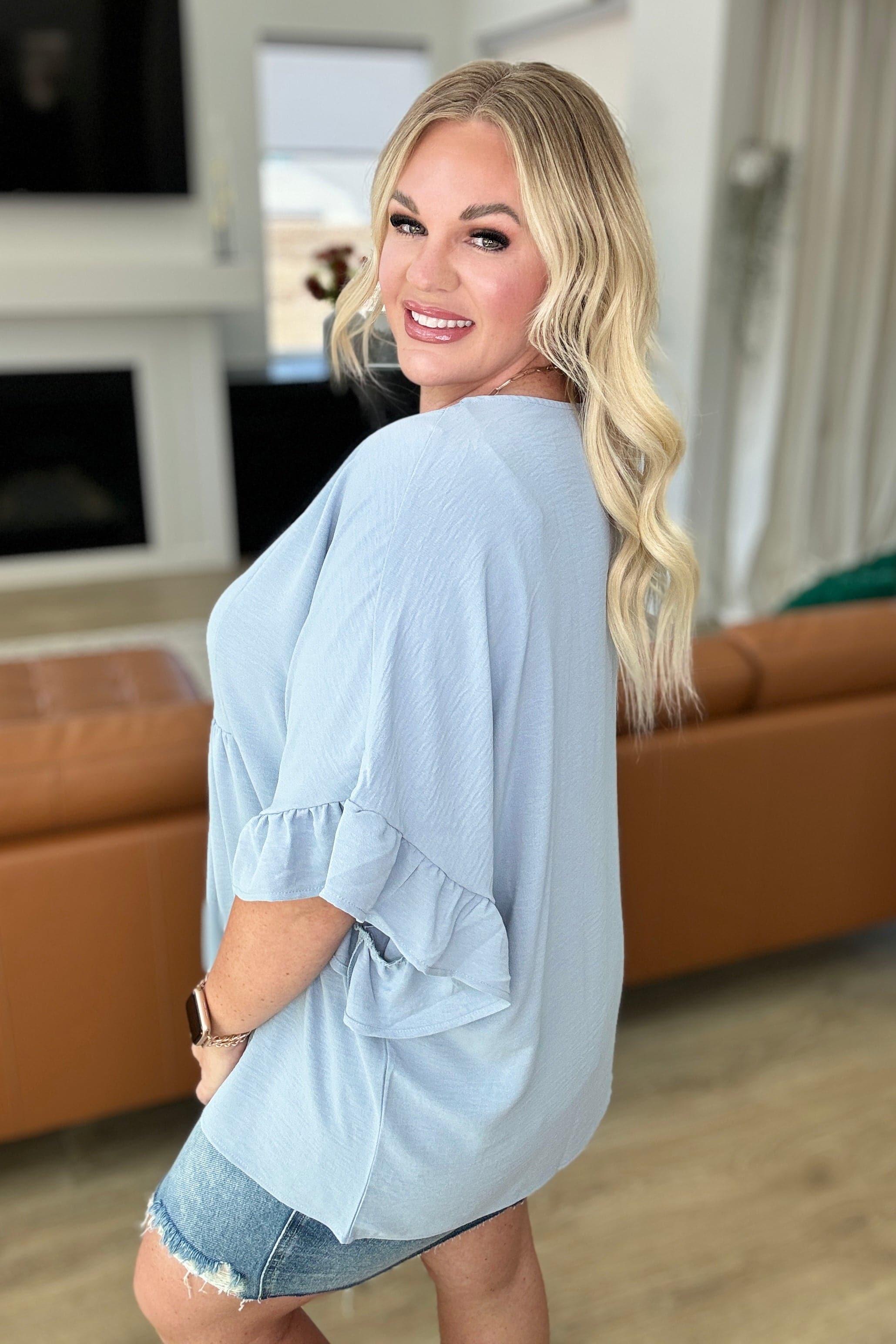 Airflow Peplum Ruffle Sleeve Top in Chambray - SwagglyLife Home & Fashion