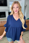 Airflow Peplum Ruffle Sleeve Top in Navy - SwagglyLife Home & Fashion