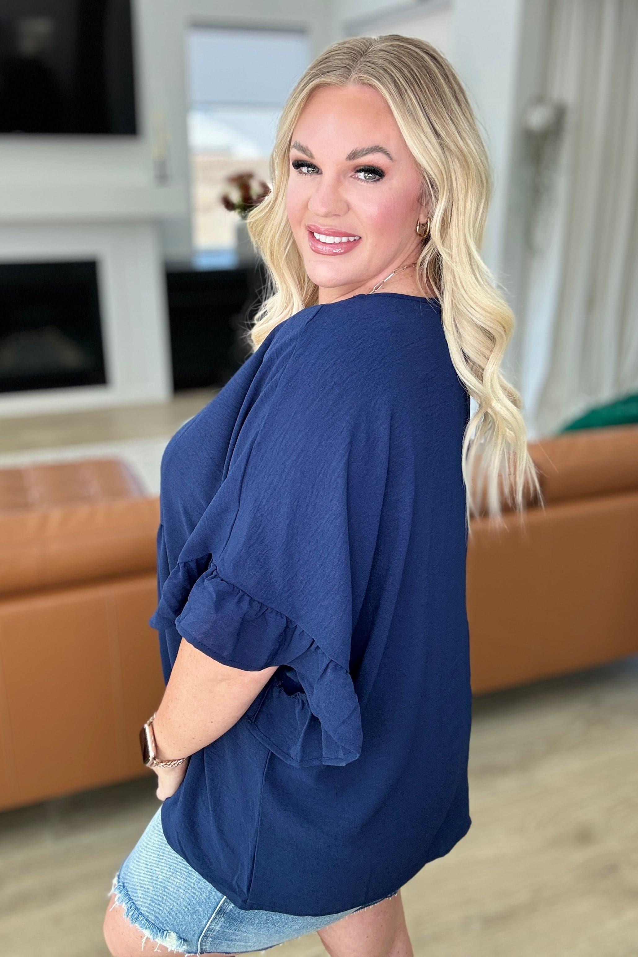 Airflow Peplum Ruffle Sleeve Top in Navy - SwagglyLife Home & Fashion
