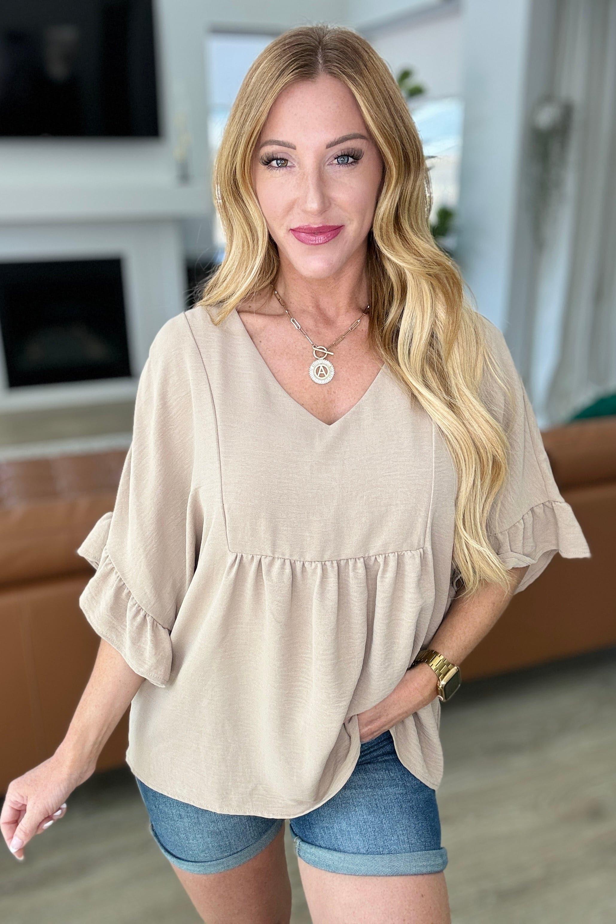 Airflow Peplum Ruffle Sleeve Top in Taupe - SwagglyLife Home & Fashion