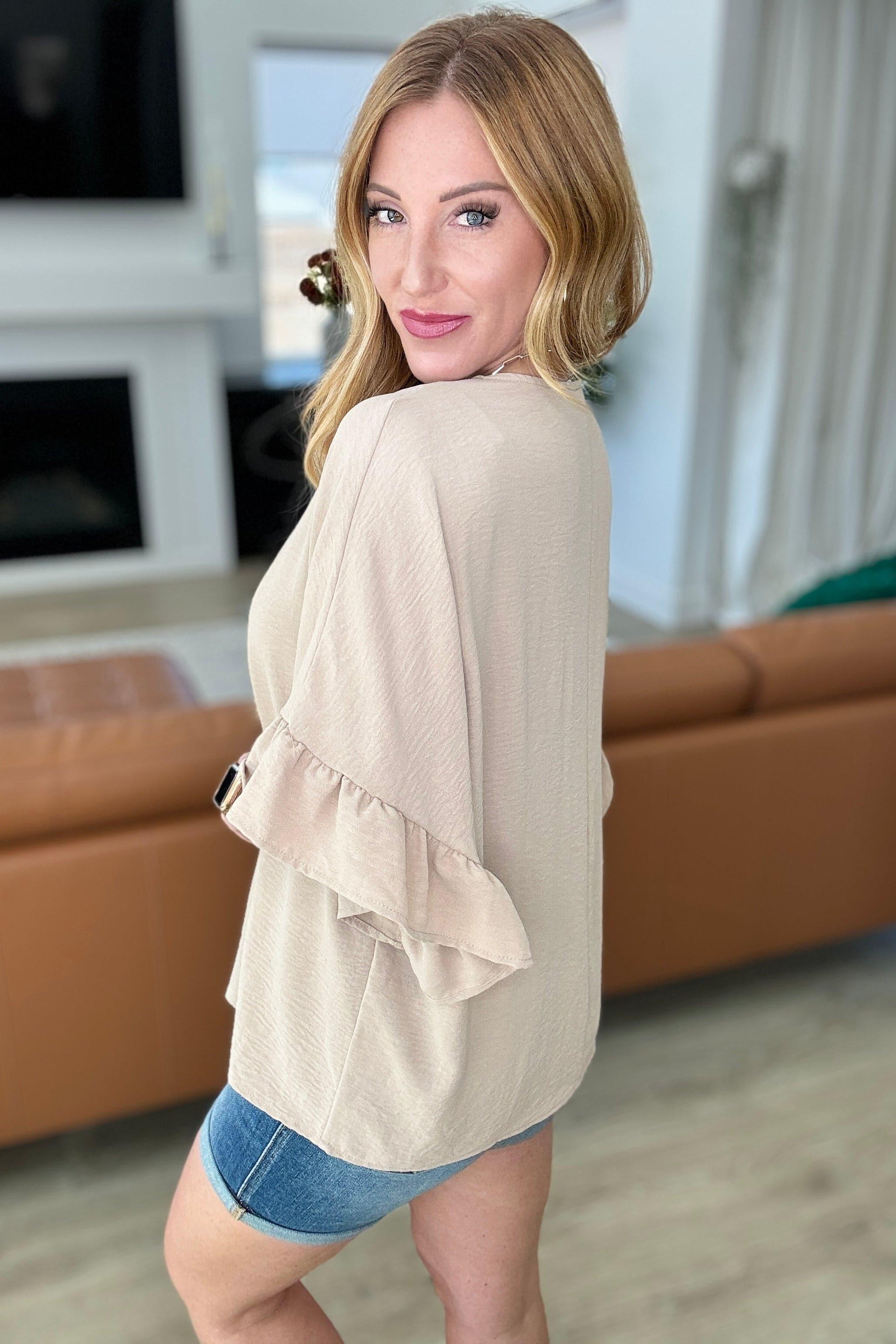 Airflow Peplum Ruffle Sleeve Top in Taupe - SwagglyLife Home & Fashion
