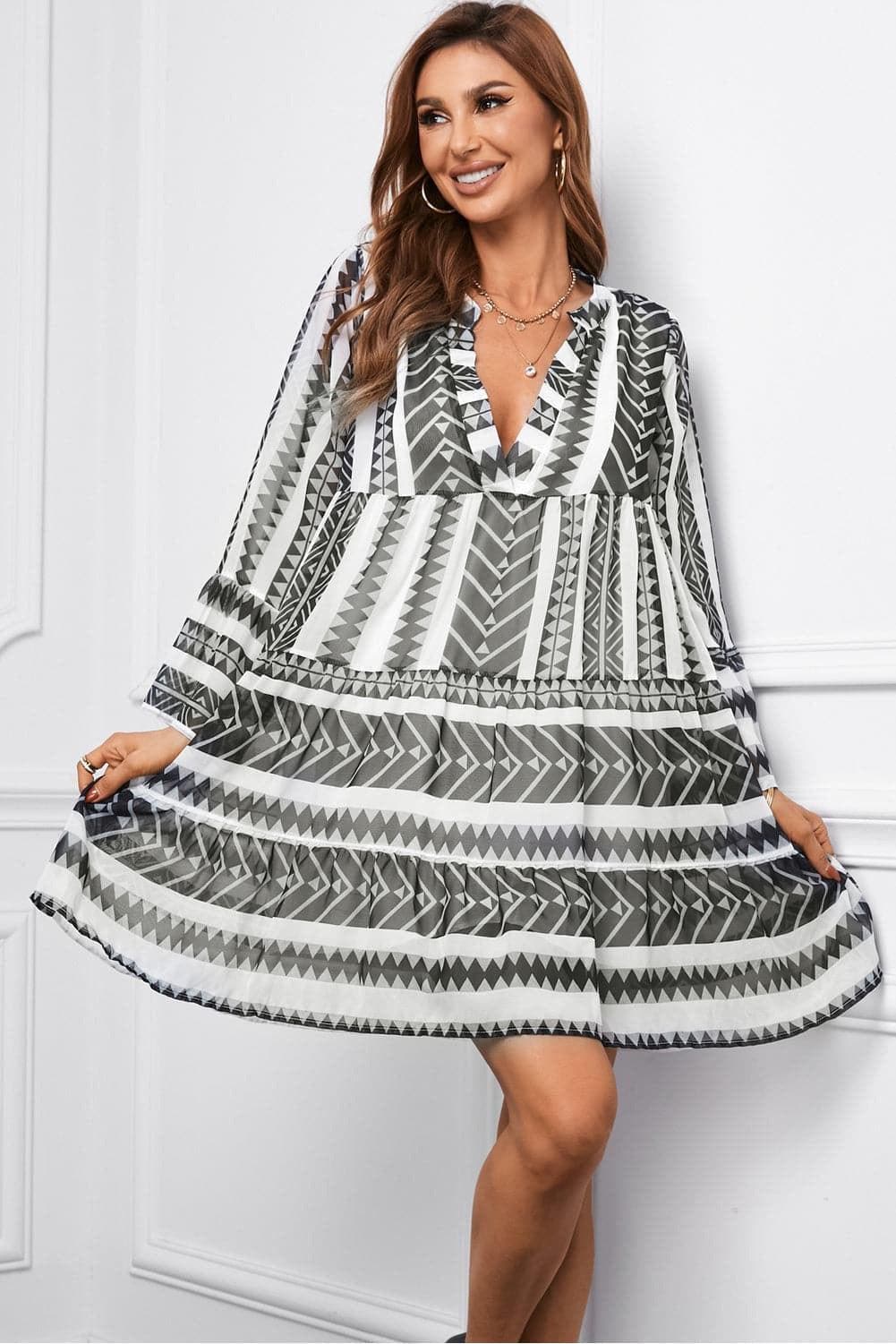 Alex Printed Flare Sleeve Tiered Dress - SwagglyLife Home & Fashion