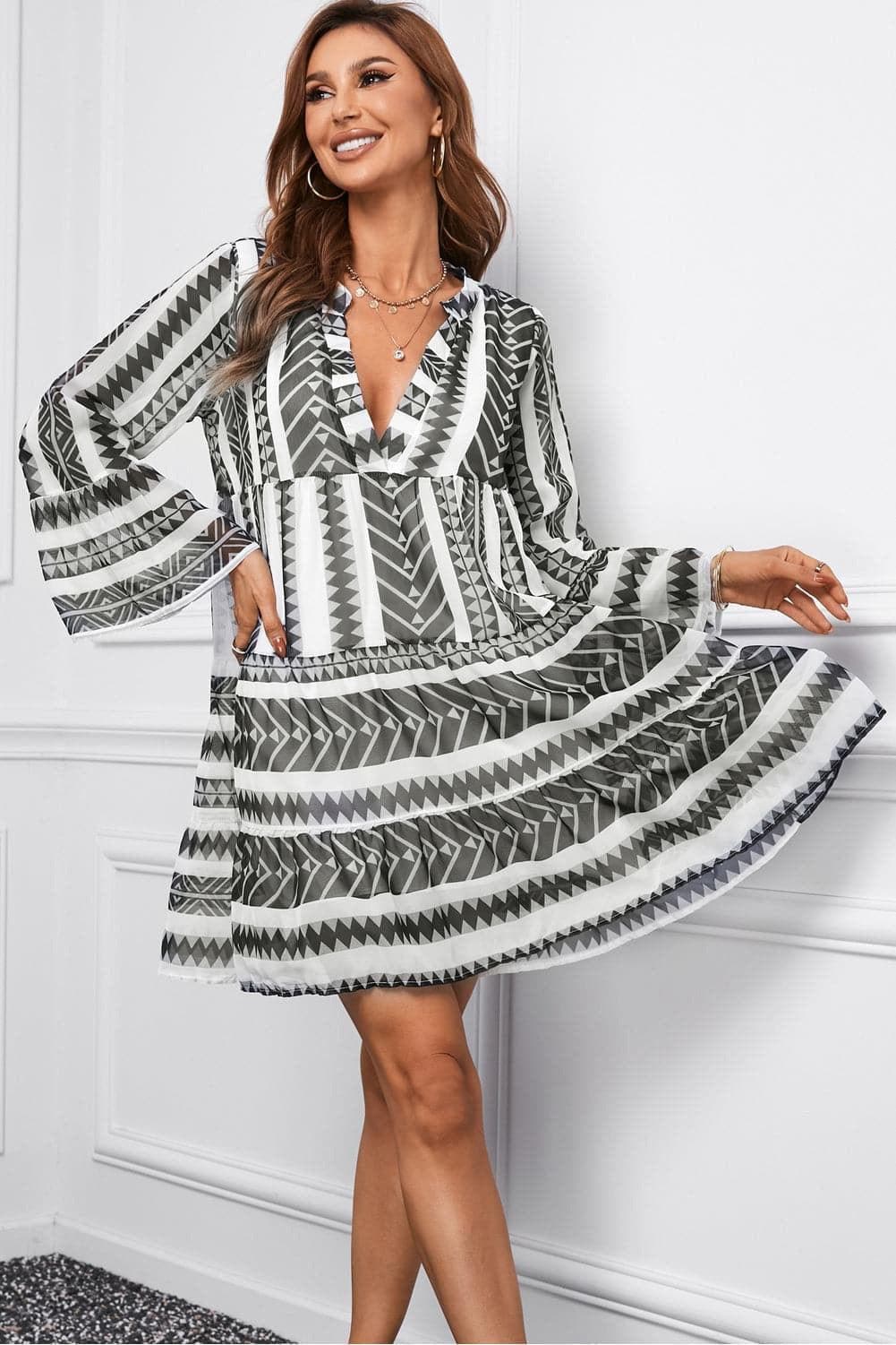 Alex Printed Flare Sleeve Tiered Dress - SwagglyLife Home & Fashion