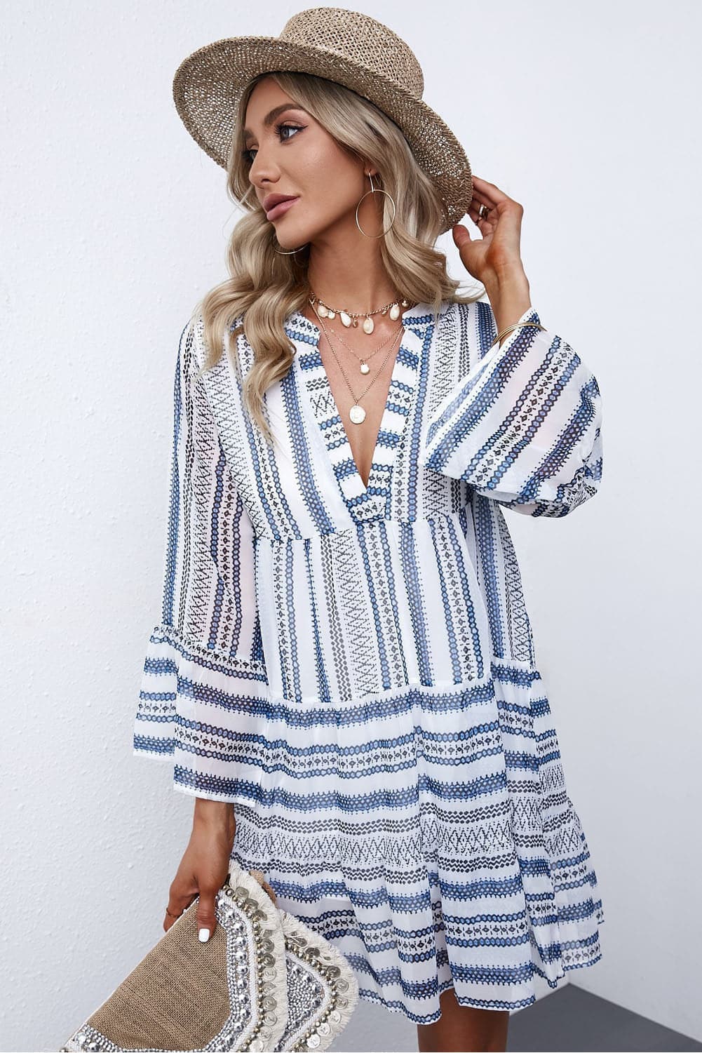 Alex Printed Flare Sleeve Tiered Dress - SwagglyLife Home & Fashion