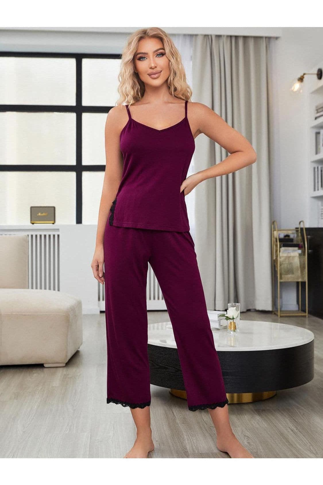 Alex V-Neck Lace Trim Slit Cami and Pants Pajama Set - SwagglyLife Home & Fashion