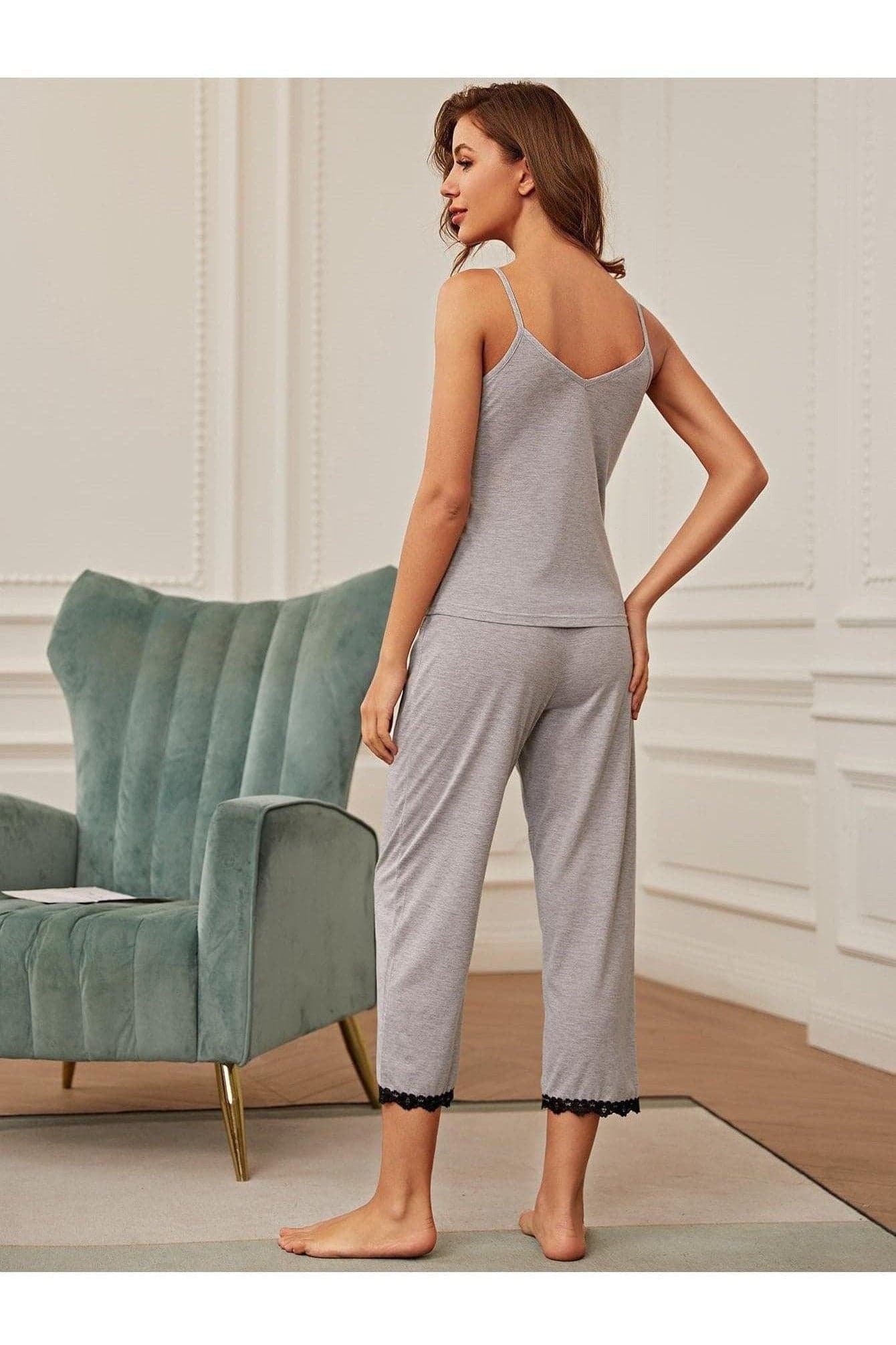 Alex V-Neck Lace Trim Slit Cami and Pants Pajama Set - SwagglyLife Home & Fashion