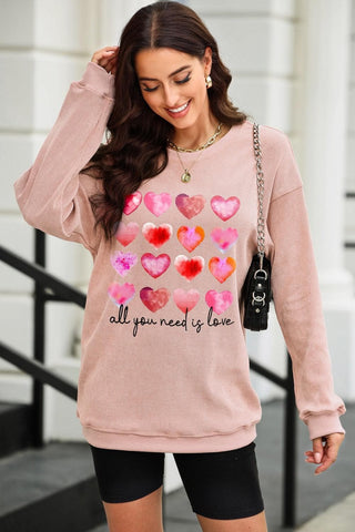 ALL YOU NEED IS LOVE Heart Round Neck Sweatshirt - SwagglyLife Home & Fashion