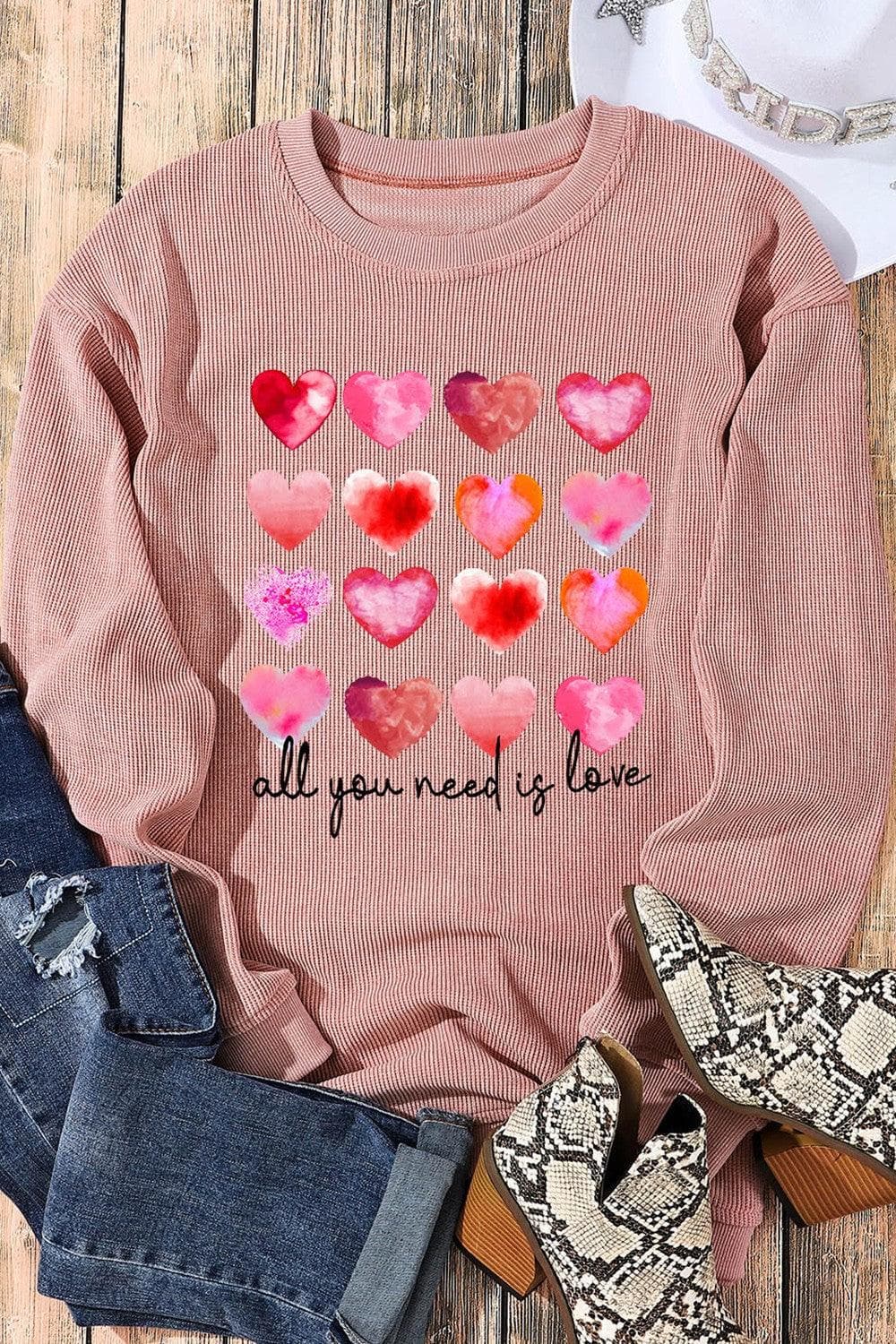 ALL YOU NEED IS LOVE Heart Round Neck Sweatshirt - SwagglyLife Home & Fashion