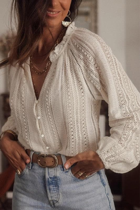 Amanda Crochet Lace Button V-Neck Knit Sweater Blouse - SwagglyLife Home & Fashion
