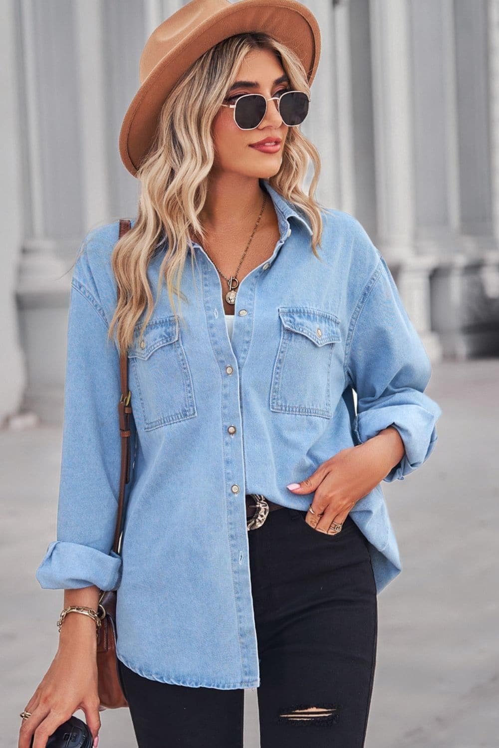 Collared Neck Dropped Shoulder Denim Top, Multiple Colors - SwagglyLife Home & Fashion