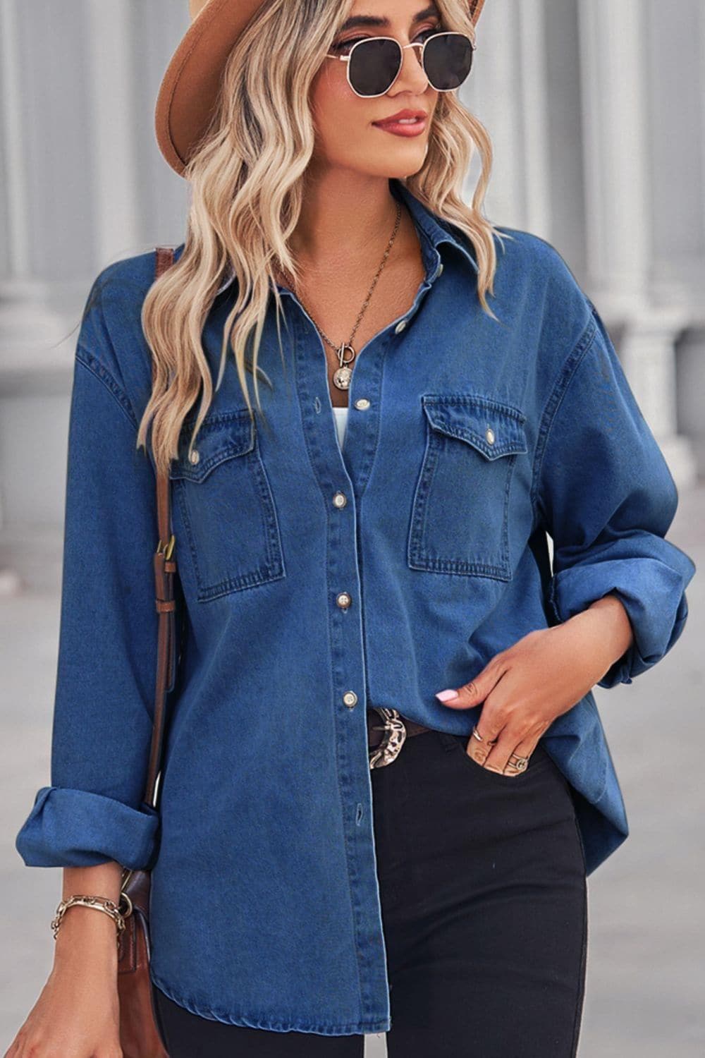 Collared Neck Dropped Shoulder Denim Top, Multiple Colors - SwagglyLife Home & Fashion