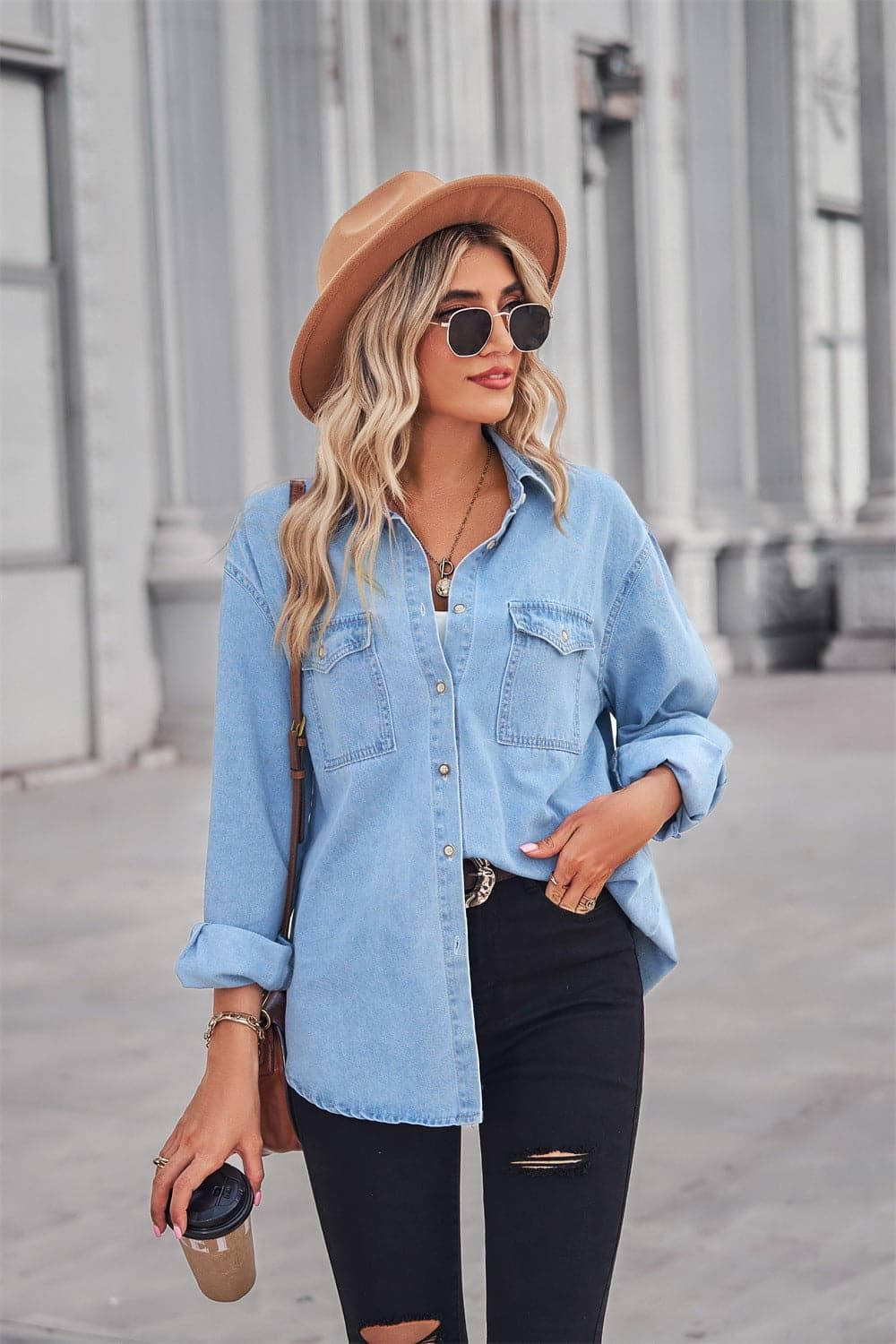 Collared Neck Dropped Shoulder Denim Top, Multiple Colors - SwagglyLife Home & Fashion