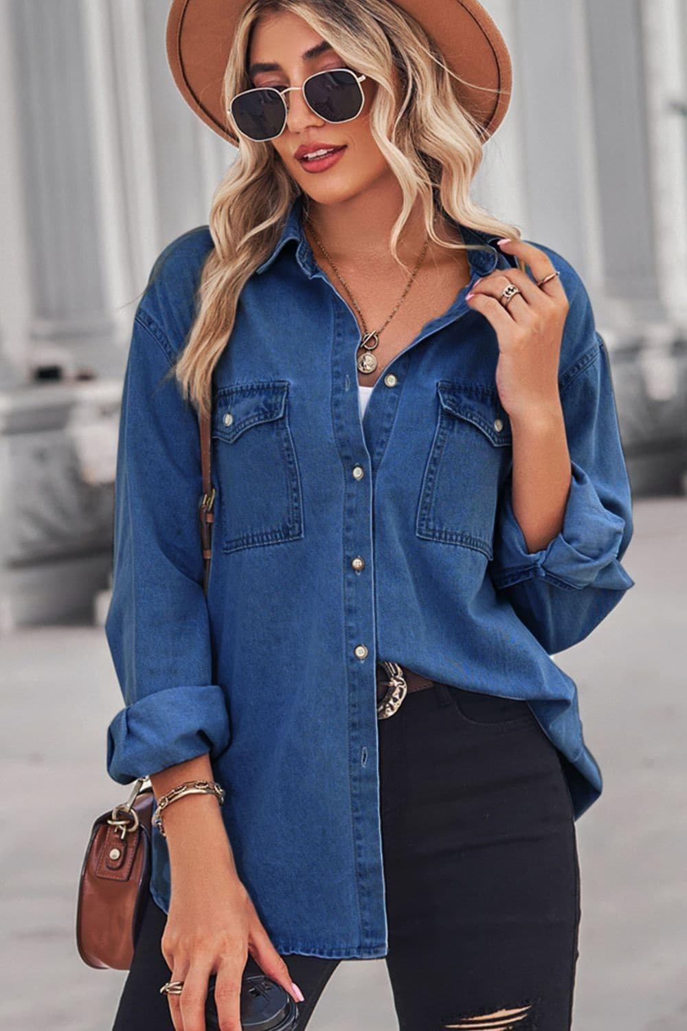 Collared Neck Dropped Shoulder Denim Top, Multiple Colors - SwagglyLife Home & Fashion