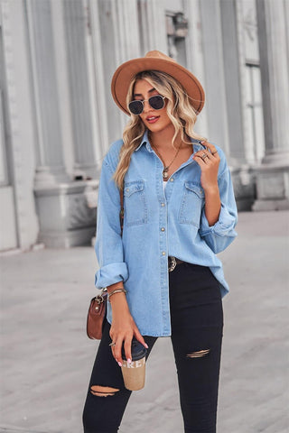 Collared Neck Dropped Shoulder Denim Top, Multiple Colors - SwagglyLife Home & Fashion