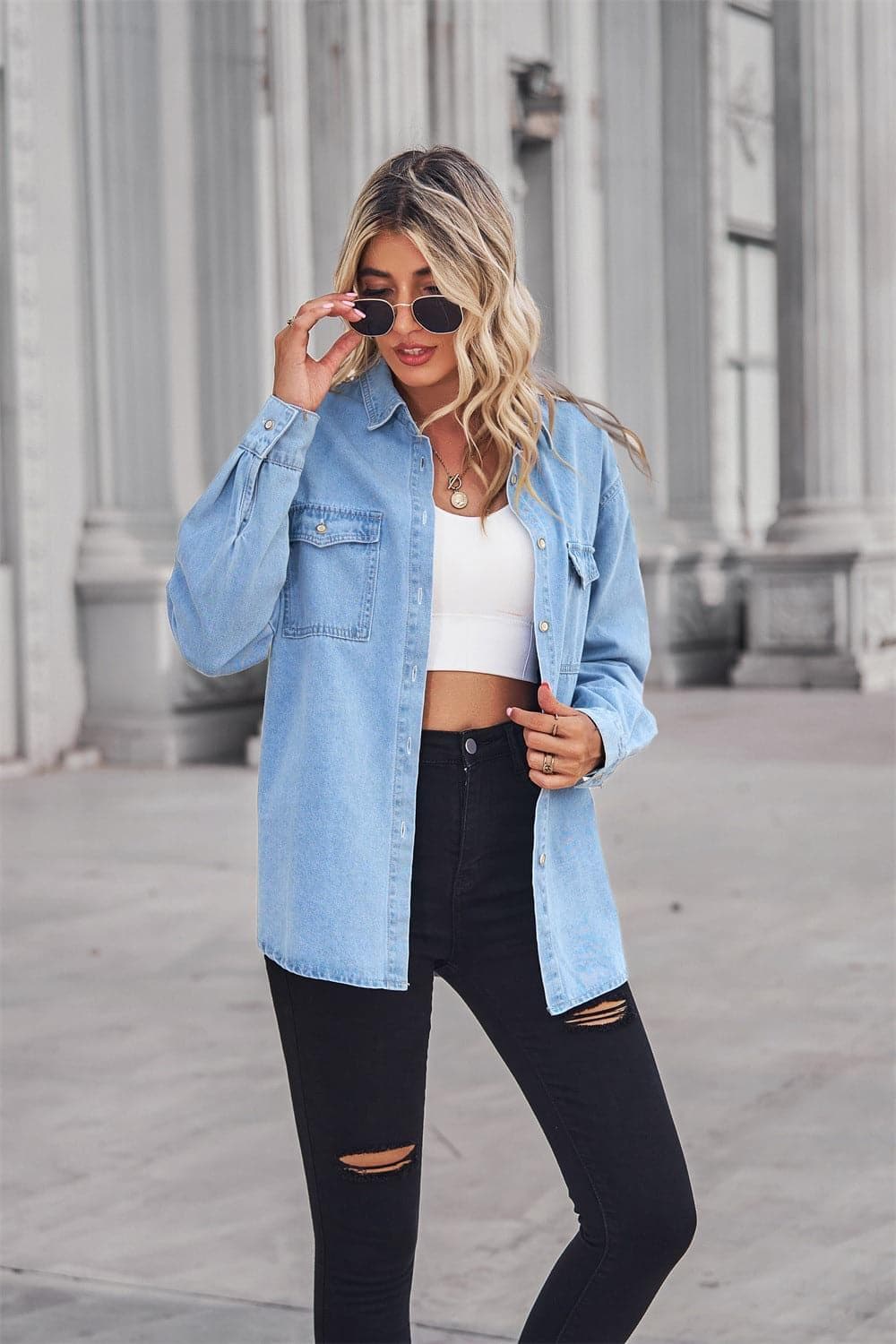 Collared Neck Dropped Shoulder Denim Top, Multiple Colors - SwagglyLife Home & Fashion