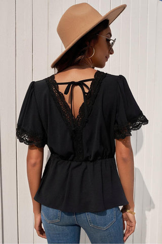 Lace Trim V-Neck Tied Peplum Blouse - SwagglyLife Home & Fashion