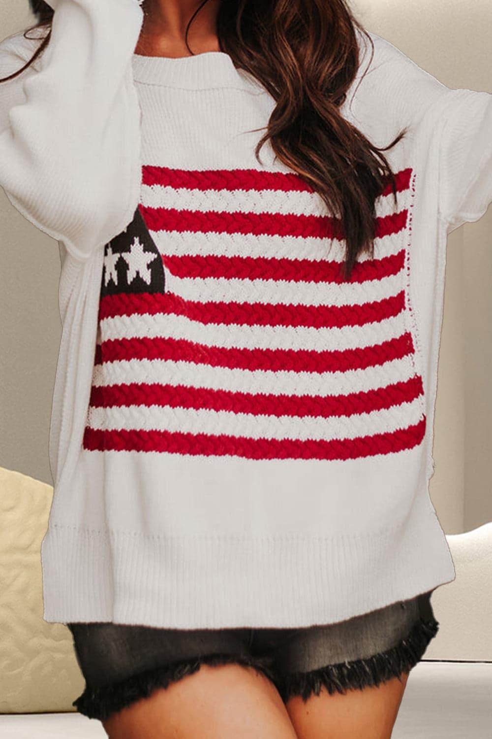 Americana Round Neck Long Sleeve Knit Top - SwagglyLife Home & Fashion