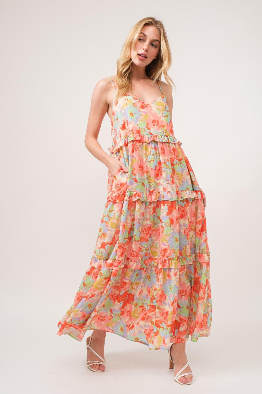 And The Why Floral Ruffled Tiered Maxi Adjustable Strap Cami Dress - SwagglyLife Home & Fashion