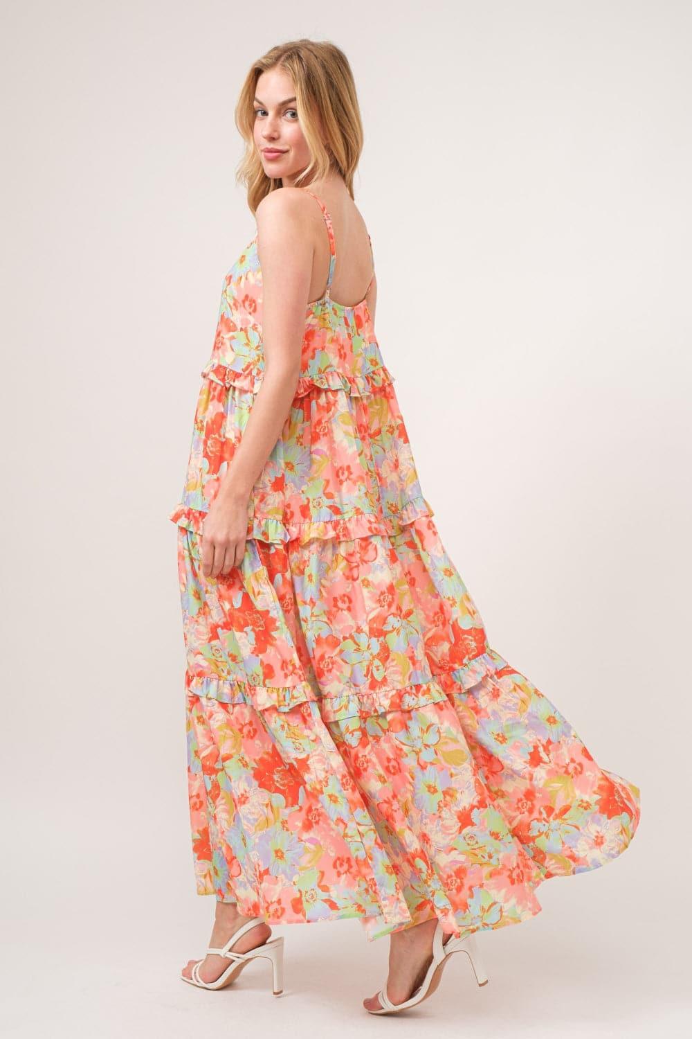 And The Why Floral Ruffled Tiered Maxi Adjustable Strap Cami Dress - SwagglyLife Home & Fashion