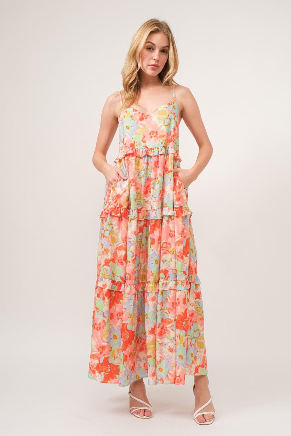 And The Why Floral Ruffled Tiered Maxi Adjustable Strap Cami Dress - SwagglyLife Home & Fashion