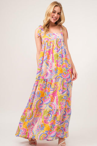 And The Why Full Size Printed Tie Shoulder Tiered Maxi Dress - SwagglyLife Home & Fashion