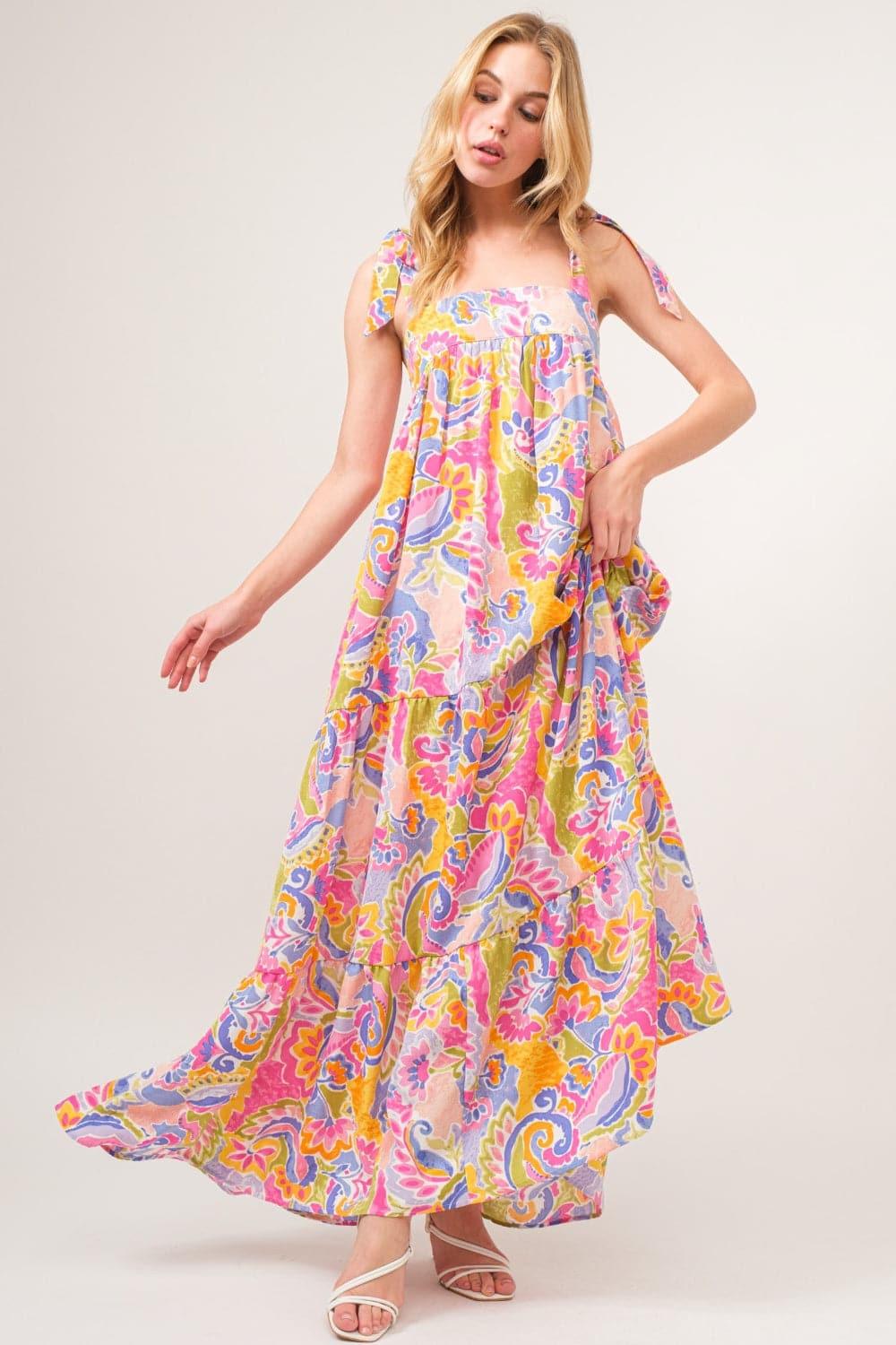 And The Why Full Size Printed Tie Shoulder Tiered Maxi Dress - SwagglyLife Home & Fashion