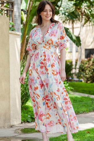 Andrea Floral Deep V Slit Maxi Dress - SwagglyLife Home & Fashion