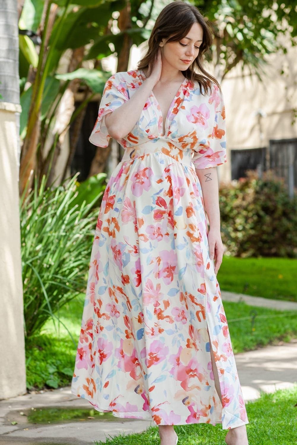 Andrea Floral Deep V Slit Maxi Dress - SwagglyLife Home & Fashion